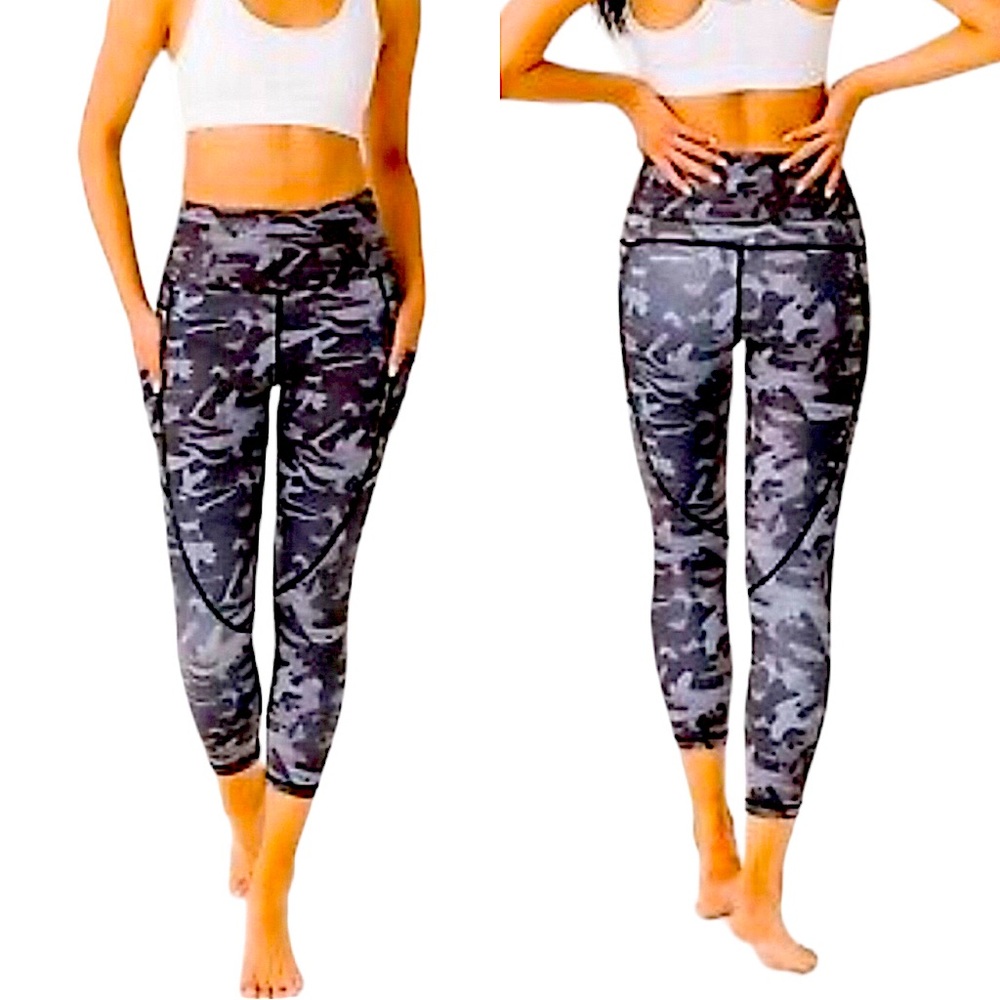 ZYIA: Black Camo Metallic Light N Tight High-RiseCapri Leggings Pockets -Size 0
